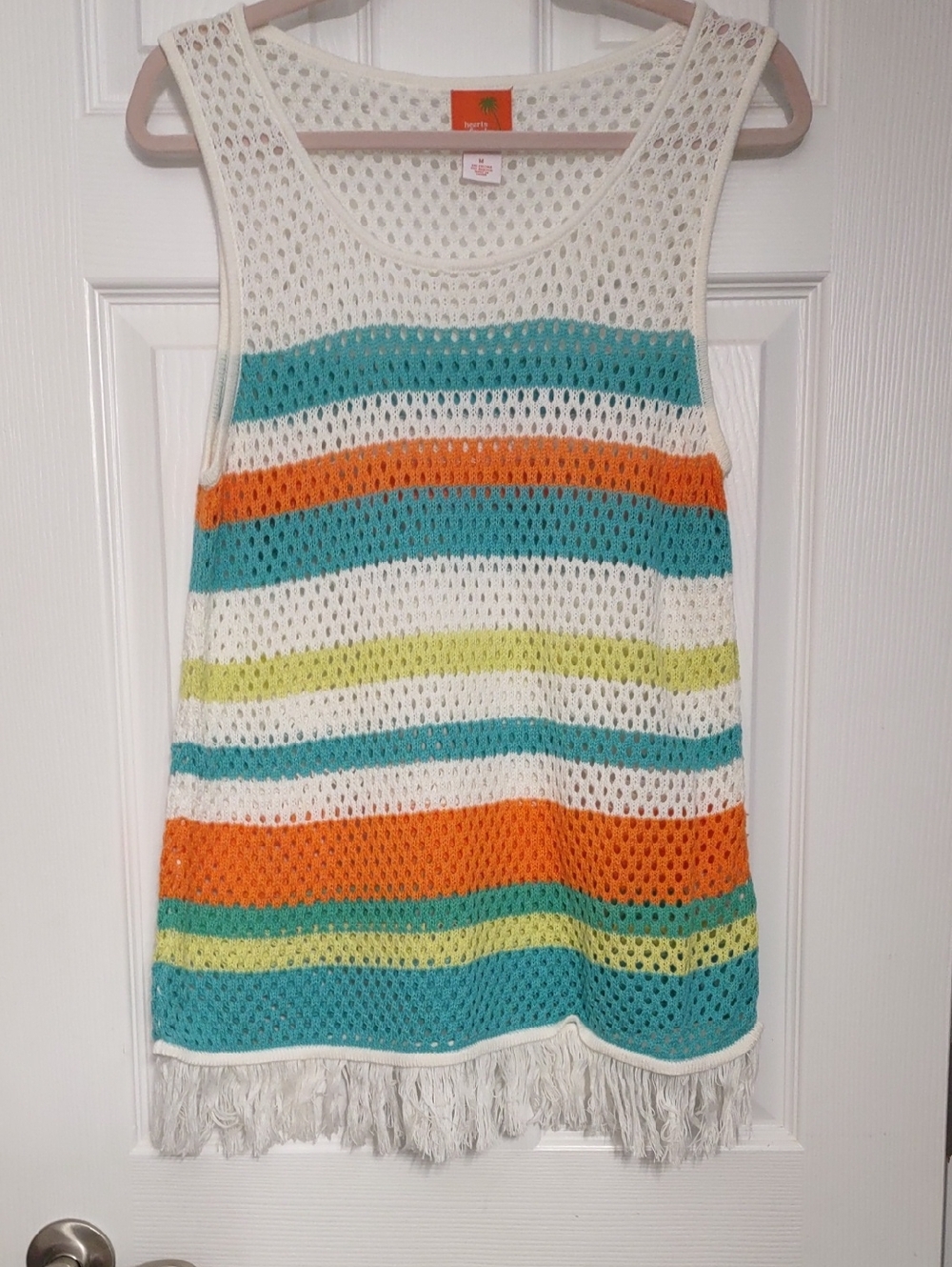 hearts of palm Striped Crochet Fringe Tank in White, Teal, Orange & Lime